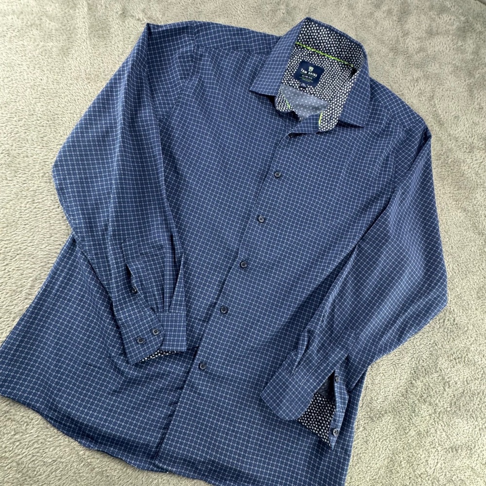 Tom Baine Dress Shirt Mens XL Blue Excellent Slim Fit Performance Stretch 3728